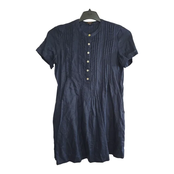 Quince 100% European Linen Navy Short Sleeve Swing Dress Pleated Front Medium - Picture 2 of 9